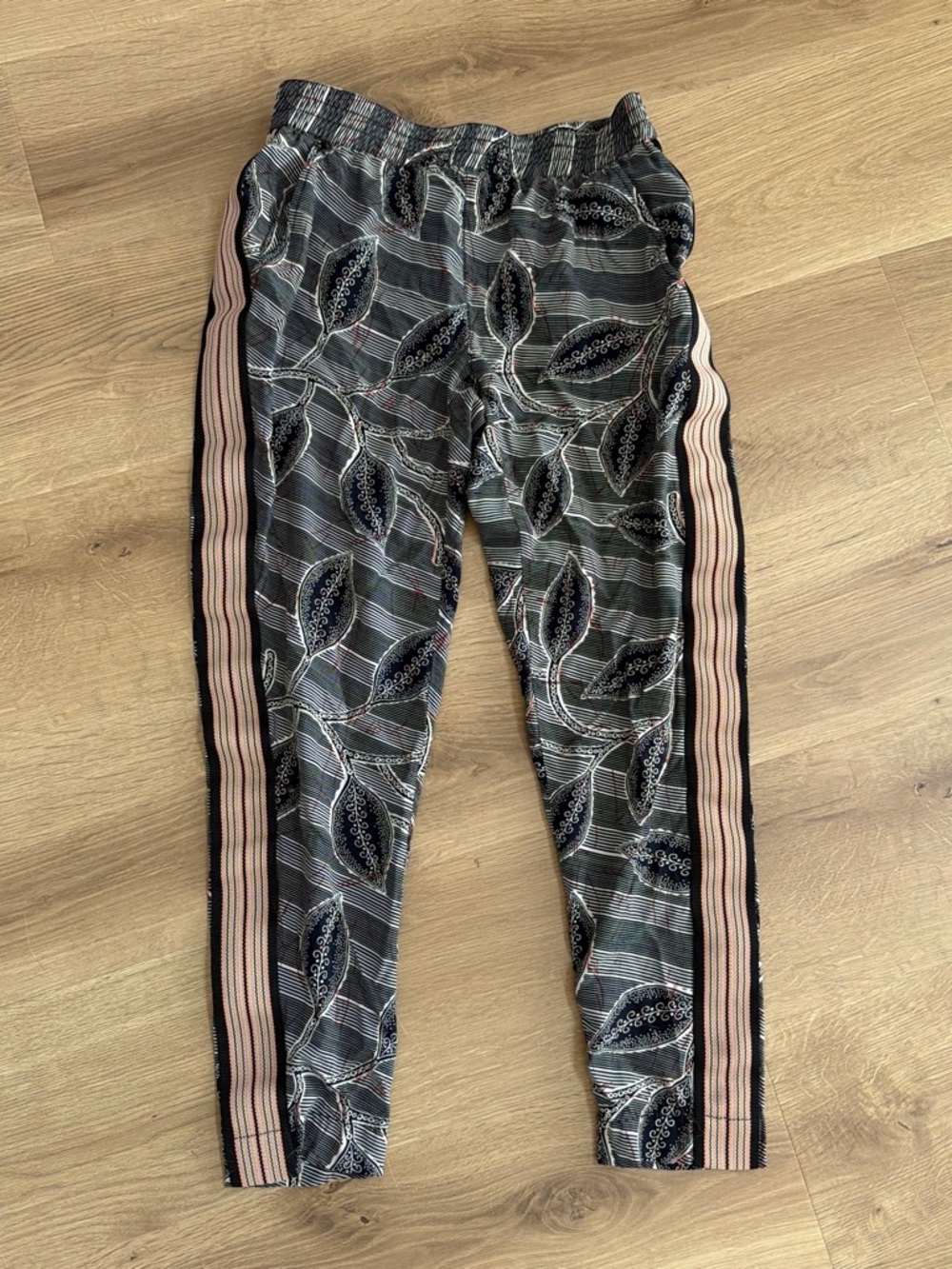 Hei Leaf-Print Rayon Pants with Coral Side Stripes